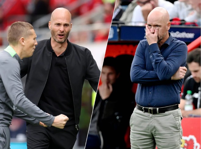 paul-simonis-viert-de-zege-met-zijn-assistent-tristan-berghuis-rechts-een-treurende-erik-ten-hag