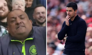 Cổ động viên Man City thực hiện cử chỉ chế nhạo Arsenal