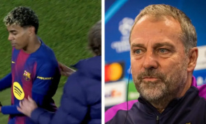 Hansi Flick nhẹ nhàng phản hồi trước phản ứng của Lamine Yamal sau trận thắng kịch tính