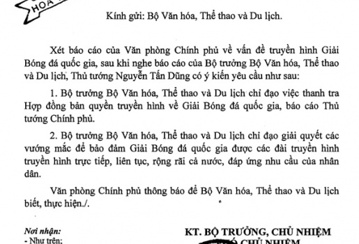 Thủ tướng Nguyễn Tấn Dũng có văn bản chỉ đạo Bộ VH, TT và DL